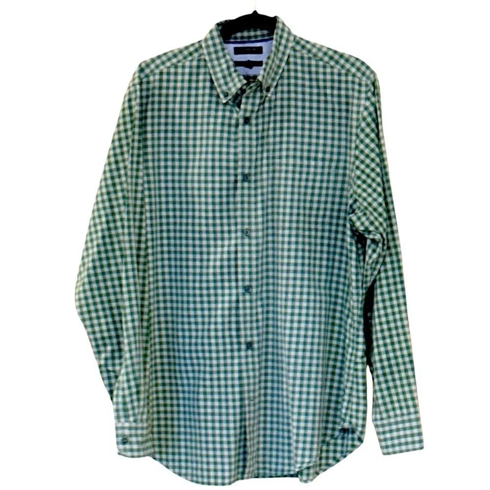 Banana Republic Men's Custom 078 Wash Shirt Green Gray Plaid Slim Fit Size Large